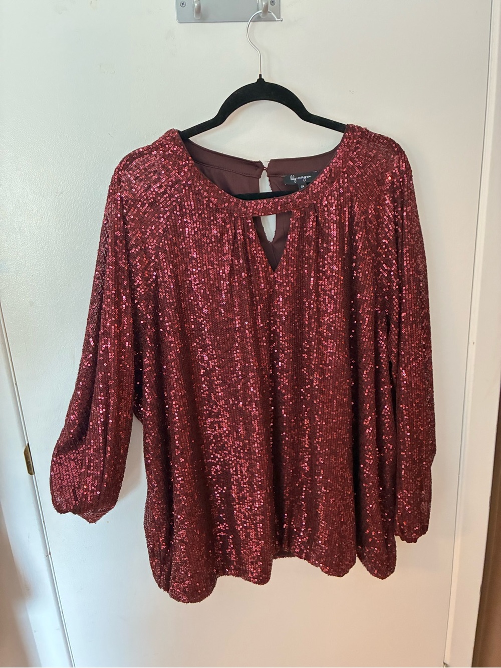 Sequin Keyhole Blouse in Burgundy